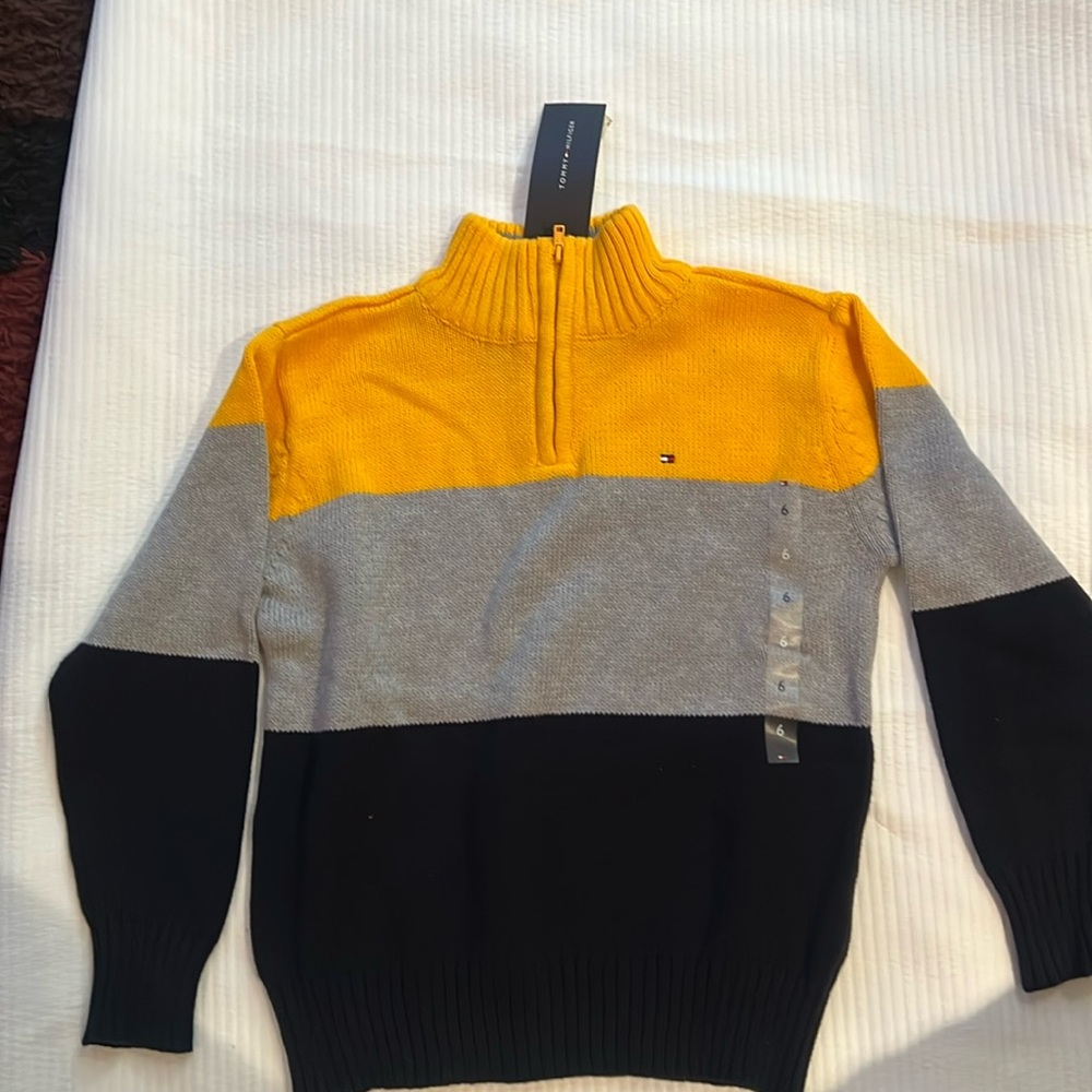 Boys Tommy Hilfiger Yellow and Gray Zip Up Sweater